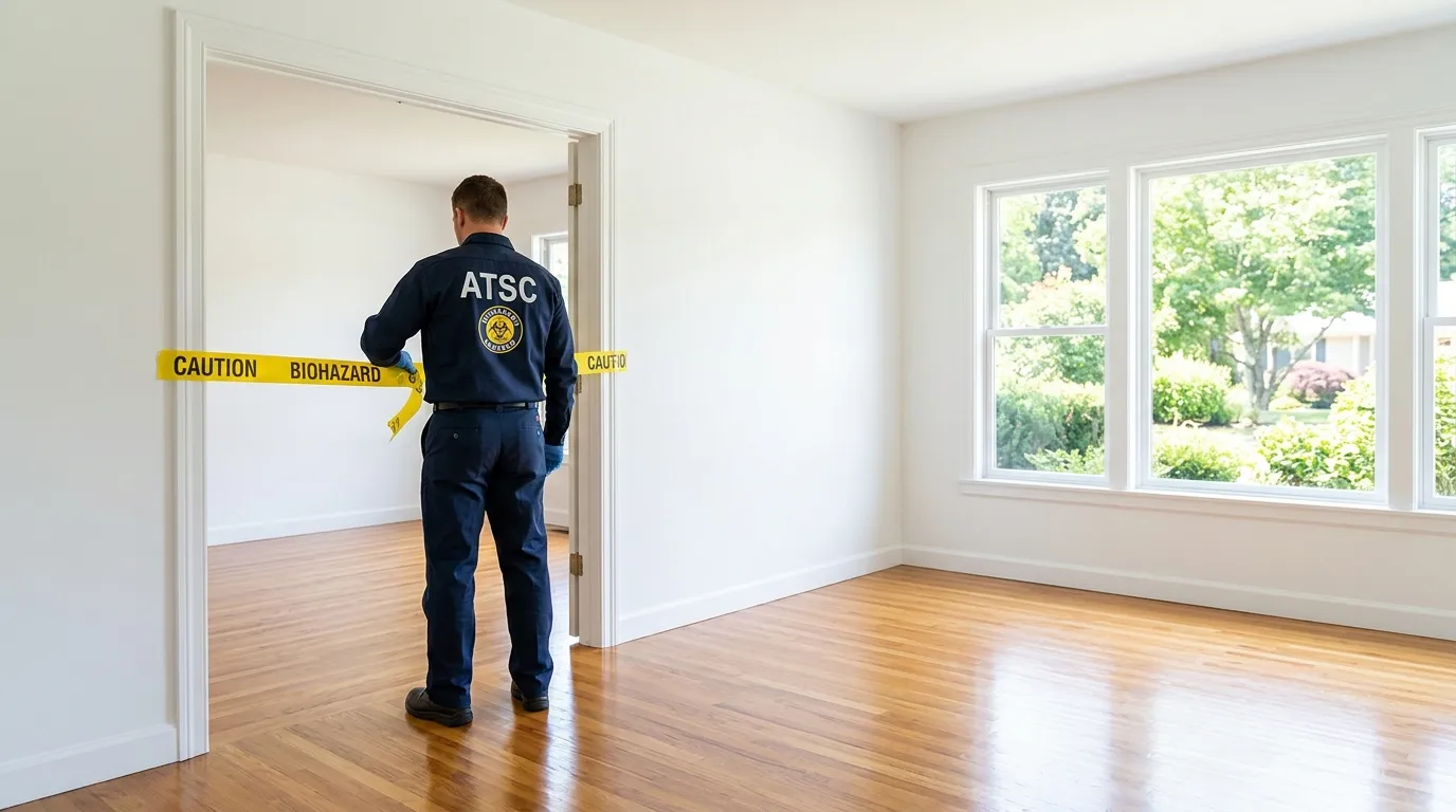 Certified biohazard cleanup crew performing Decomposition Cleanup in Progress Village